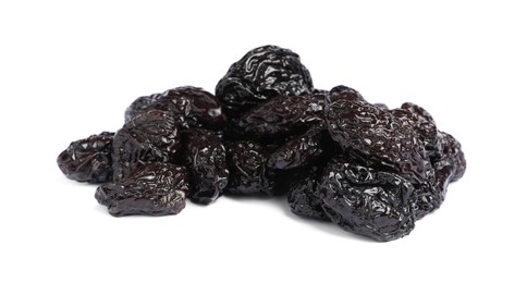 Photo of Heap of sweet dried prunes on white background