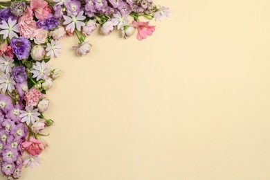 Flat lay composition with different beautiful flowers on beige background, space for text