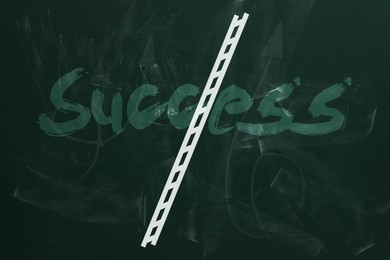 Ladder drawn on green chalkboard. Steps to success