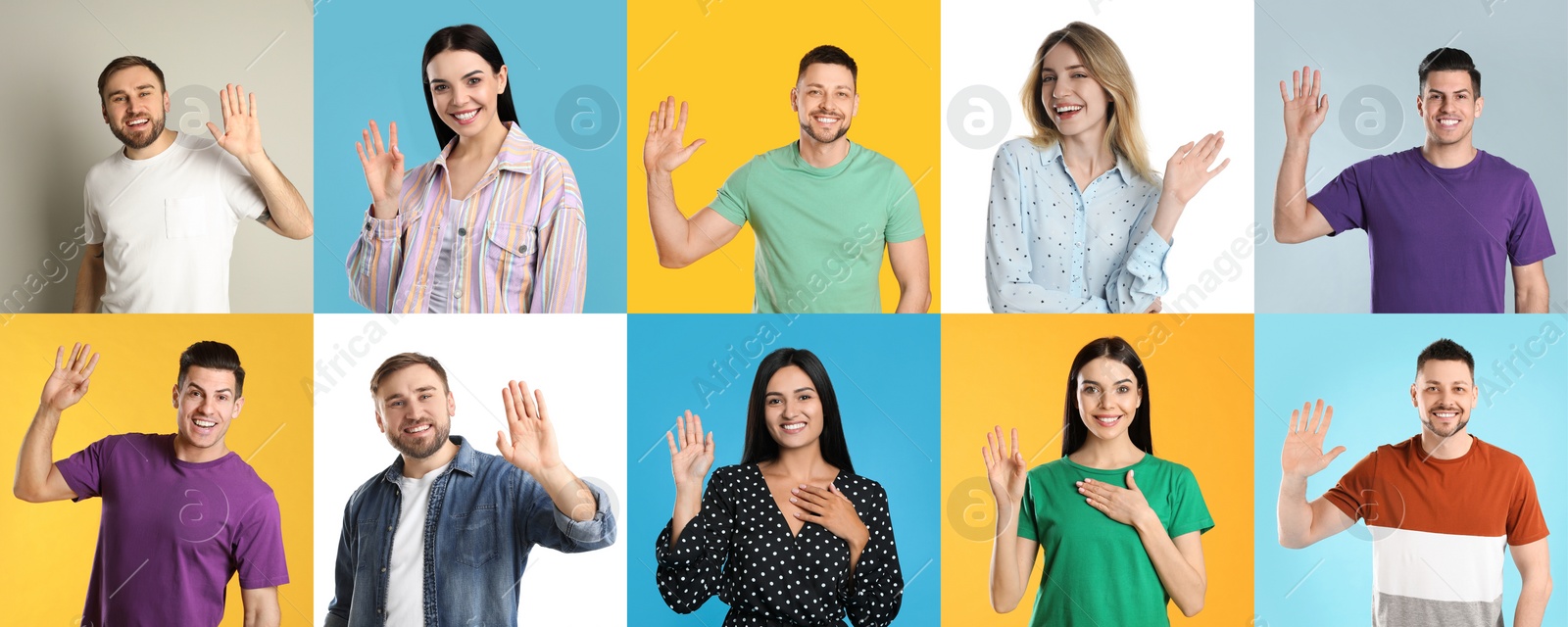 Image of Collage with photos of cheerful people showing hello gesture on different color backgrounds. Banner design