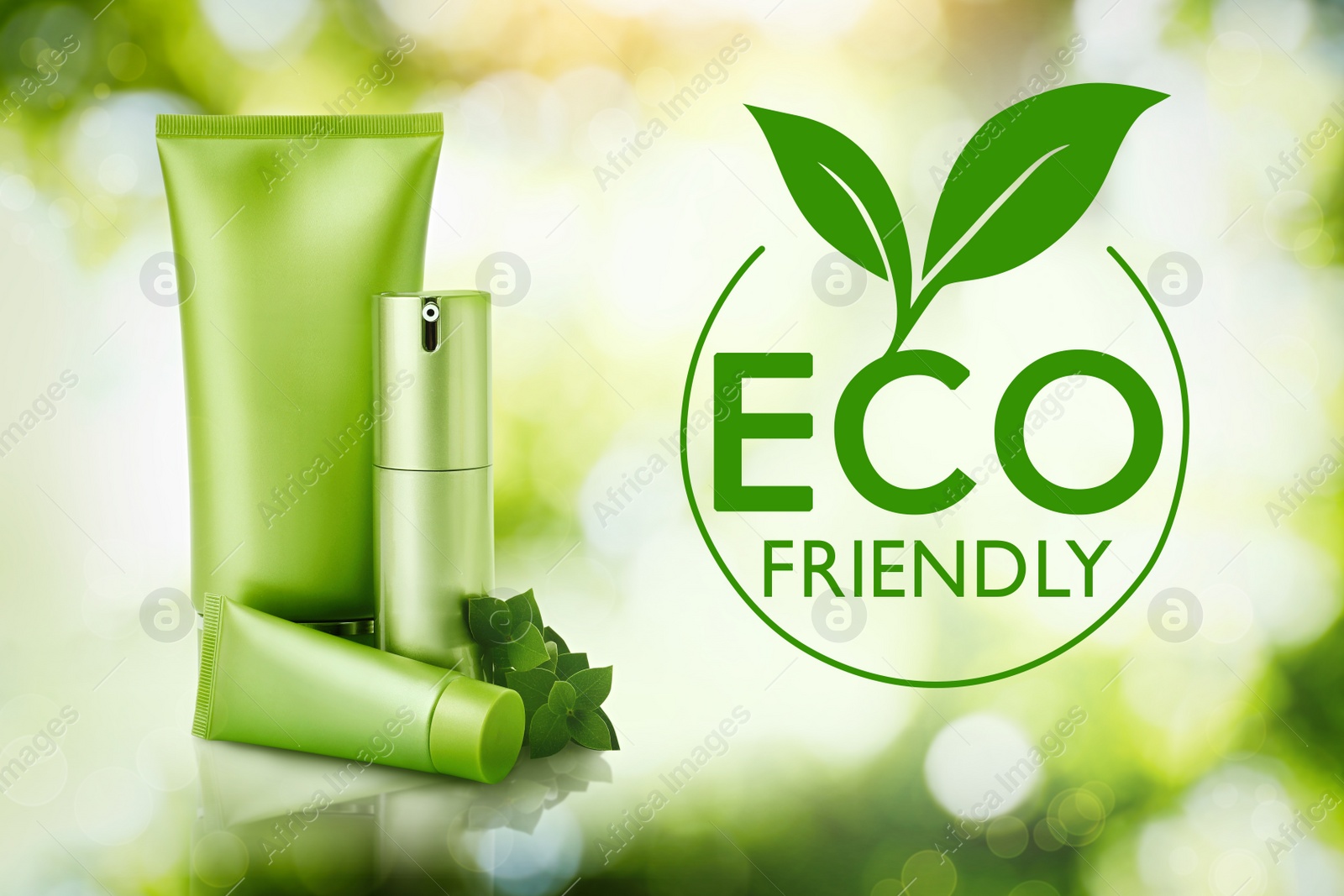 Image of Organic eco friendly cosmetic products on green background, bokeh effect