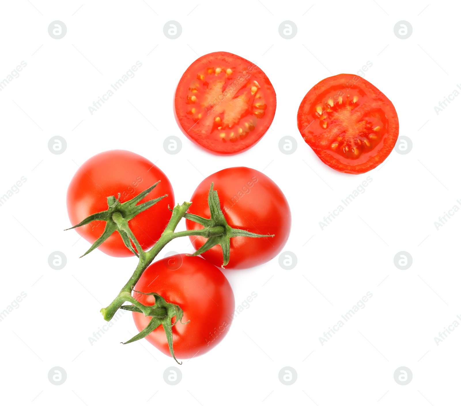 Photo of Fresh ripe tomatoes on white background, top view