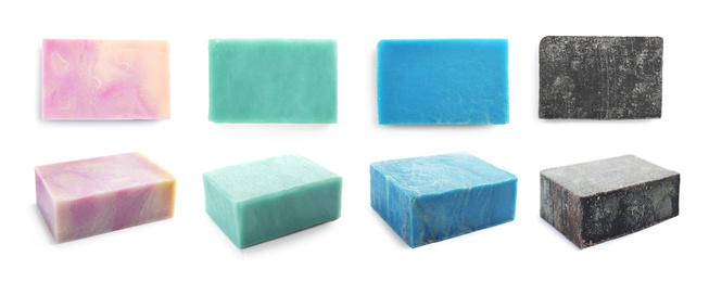 Image of Set of soap bars on white background, views from different sides. Banner design