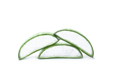 Photo of Aloe vera slices on white background