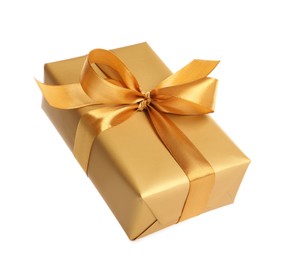 Gift box with golden ribbon and bow on white background