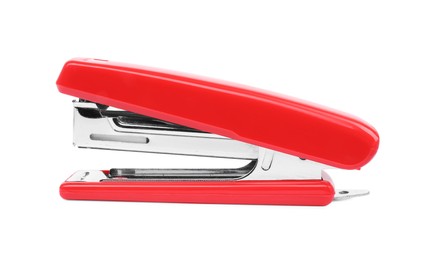 Photo of One new red stapler isolated on white