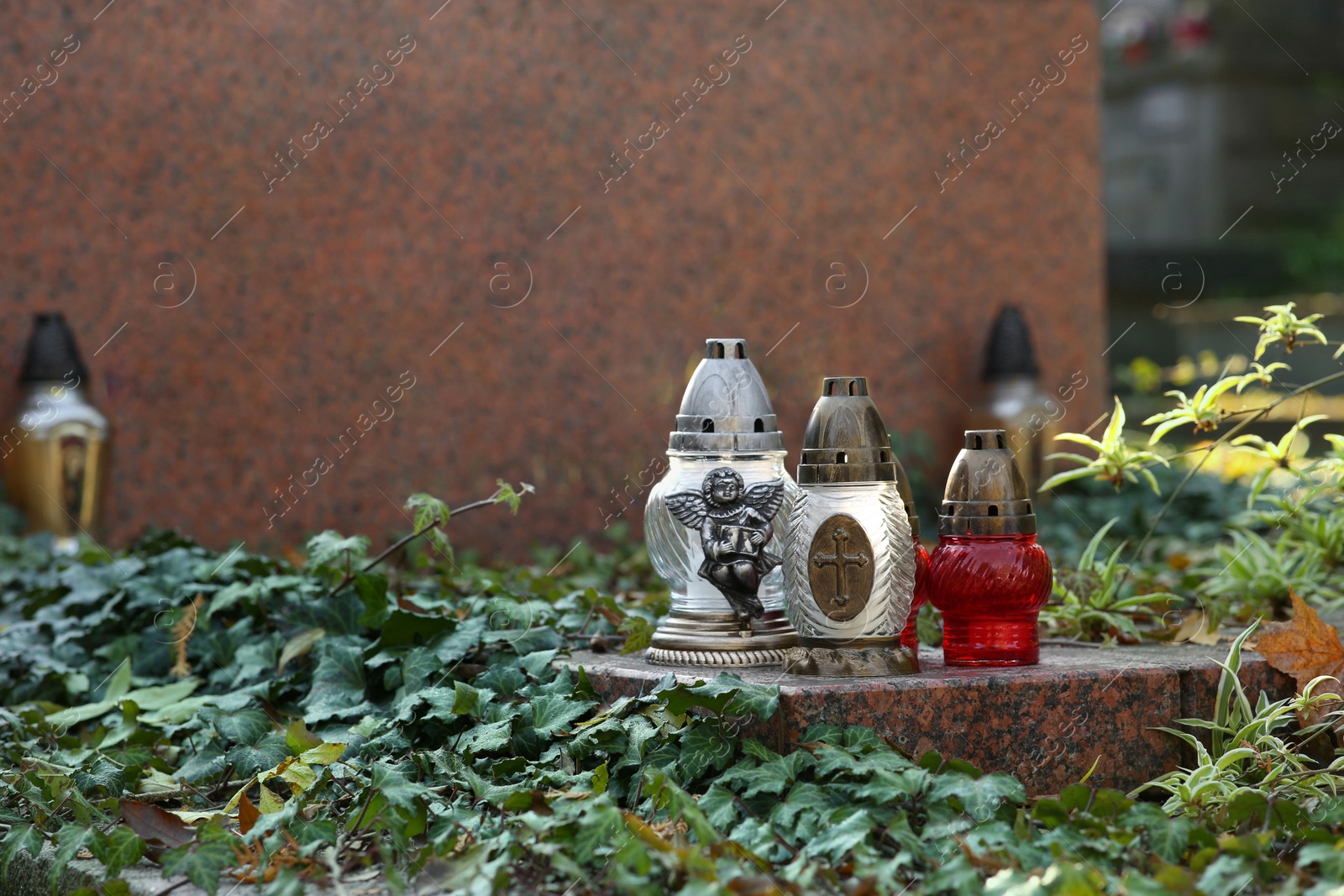 Photo of Grave lanterns and ivy near tombstone in cemetery