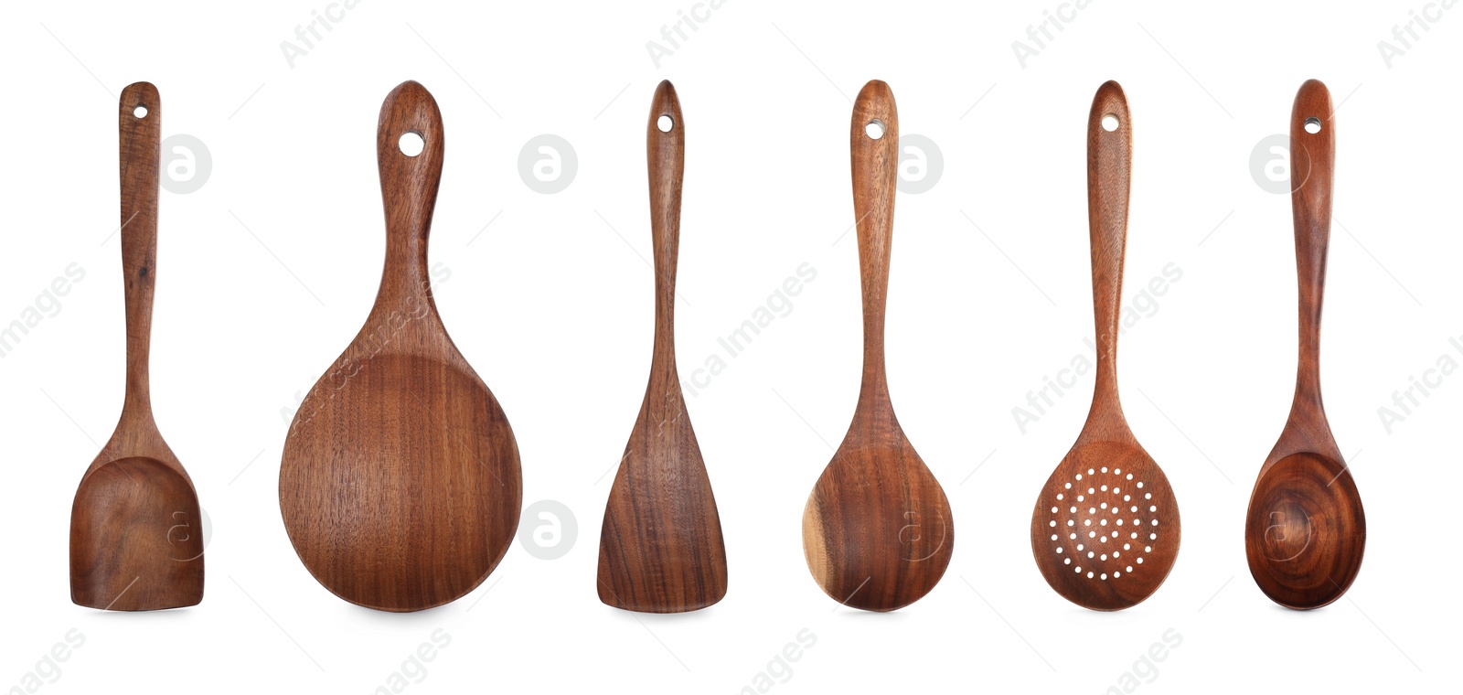 Image of Set of wooden kitchen tools on white background. Banner design