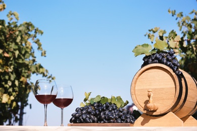 Composition with wine and ripe grapes on table outdoors