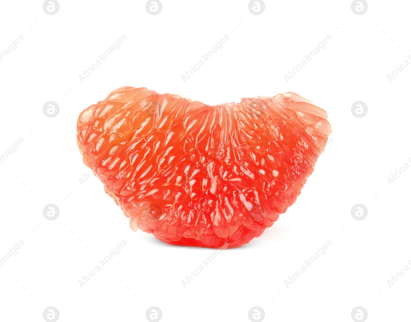 Photo of Slice of ripe juicy grapefruit on white background