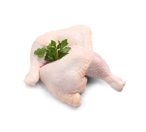 Photo of Raw chicken leg quarters with parsley on white background, top view