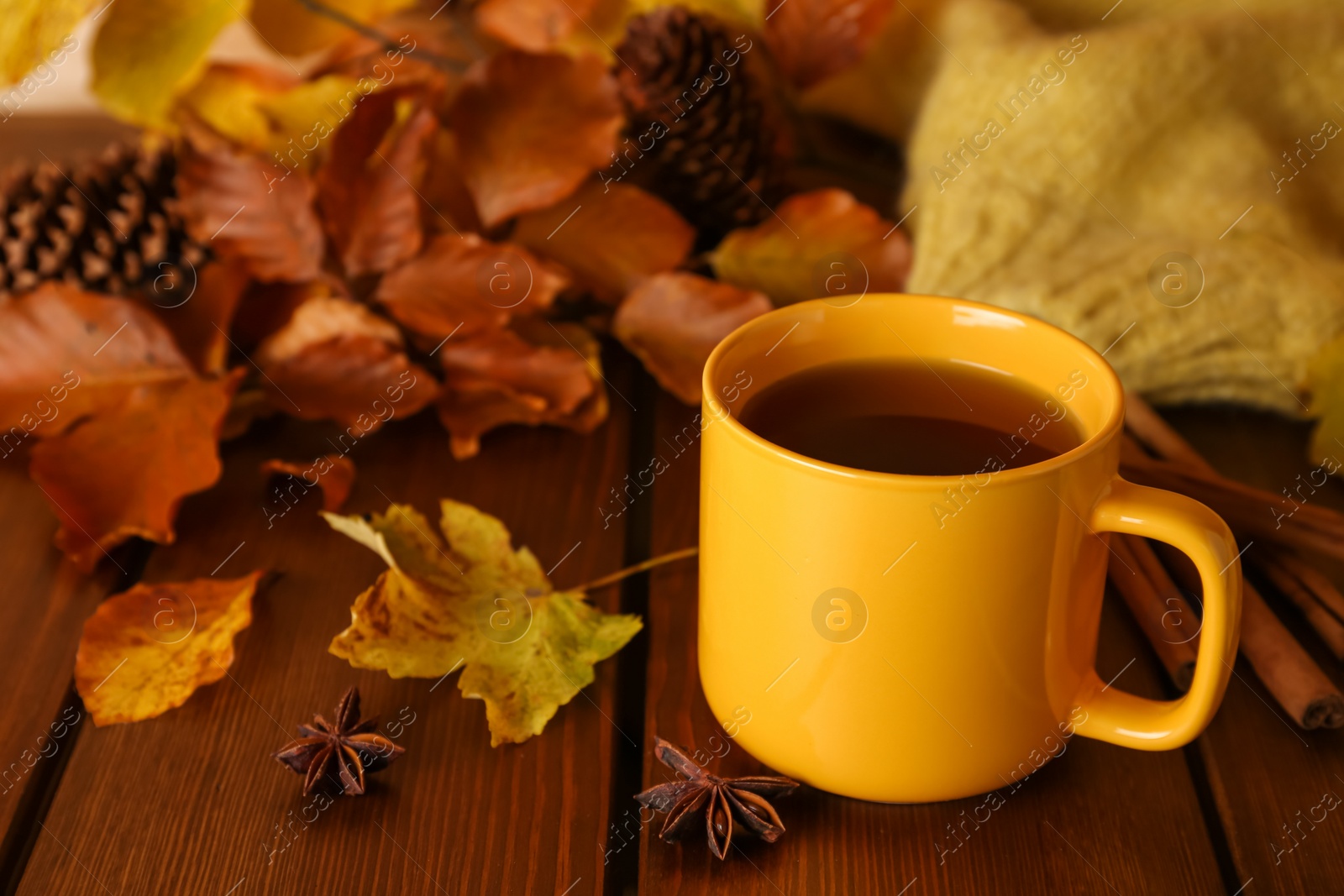 Photo of Composition with cup of hot tea and autumn leaves on wooden table. Space for text