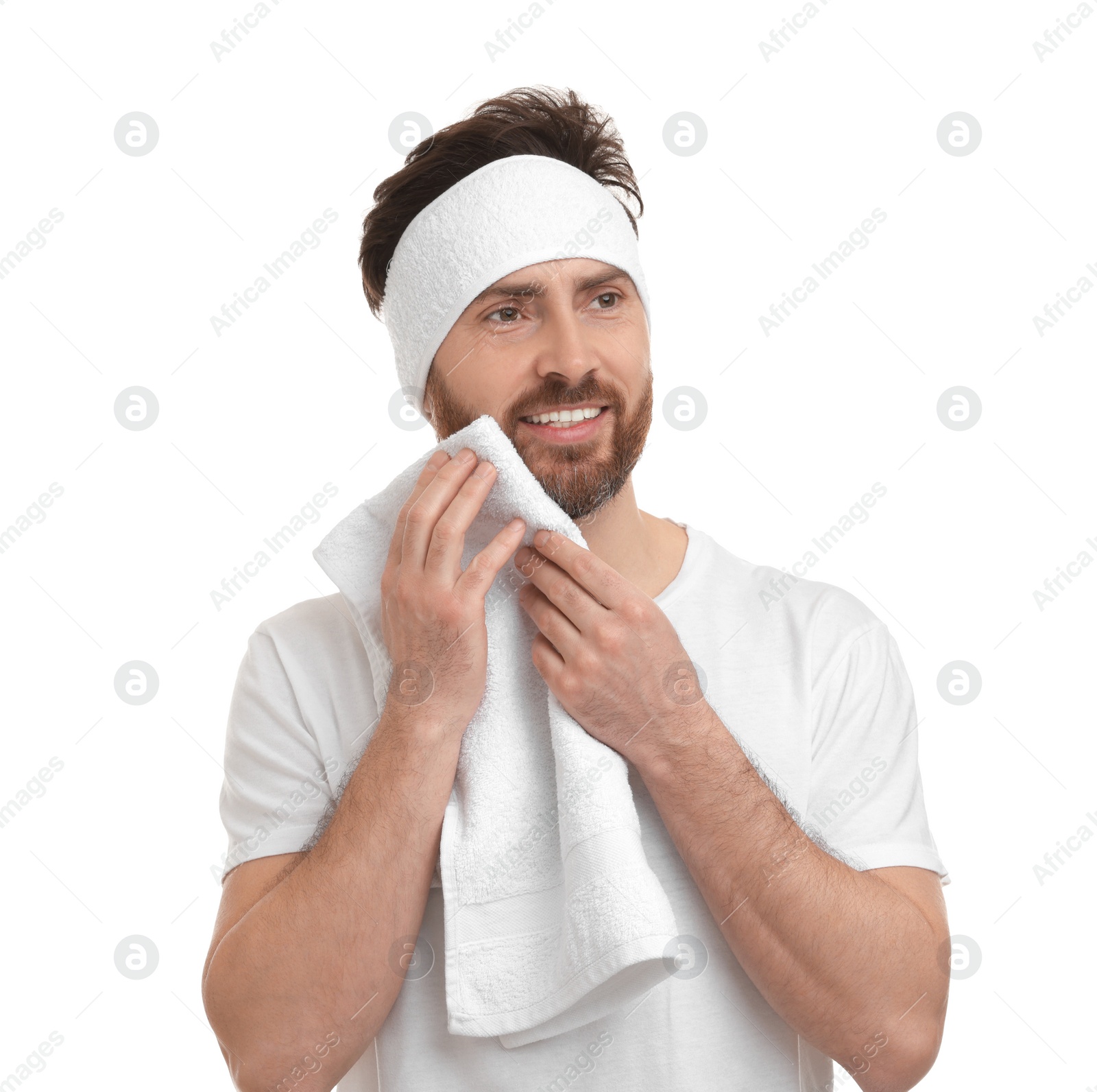 Photo of Washing face. Man with headband and towel on white background