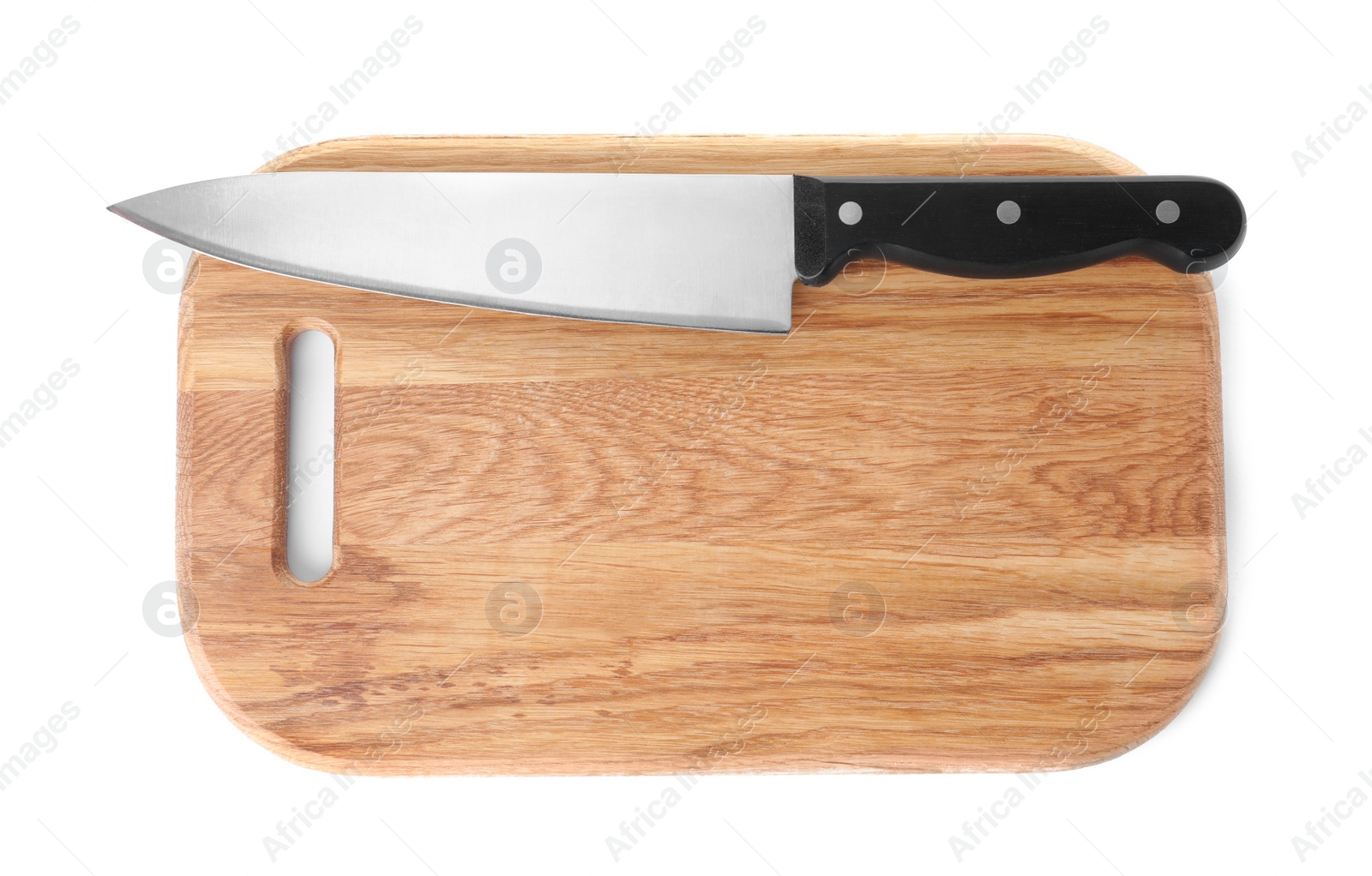 Photo of Wooden cutting board with chef's knife isolated on white, top view