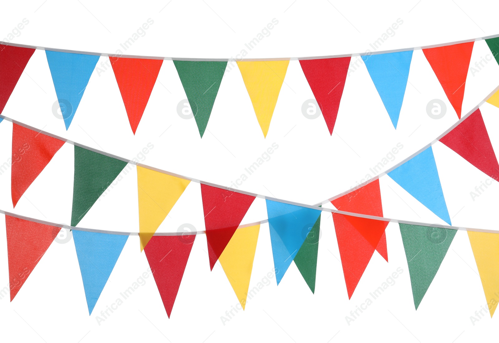 Photo of Buntings with colorful triangular flags on white background. Festive decor