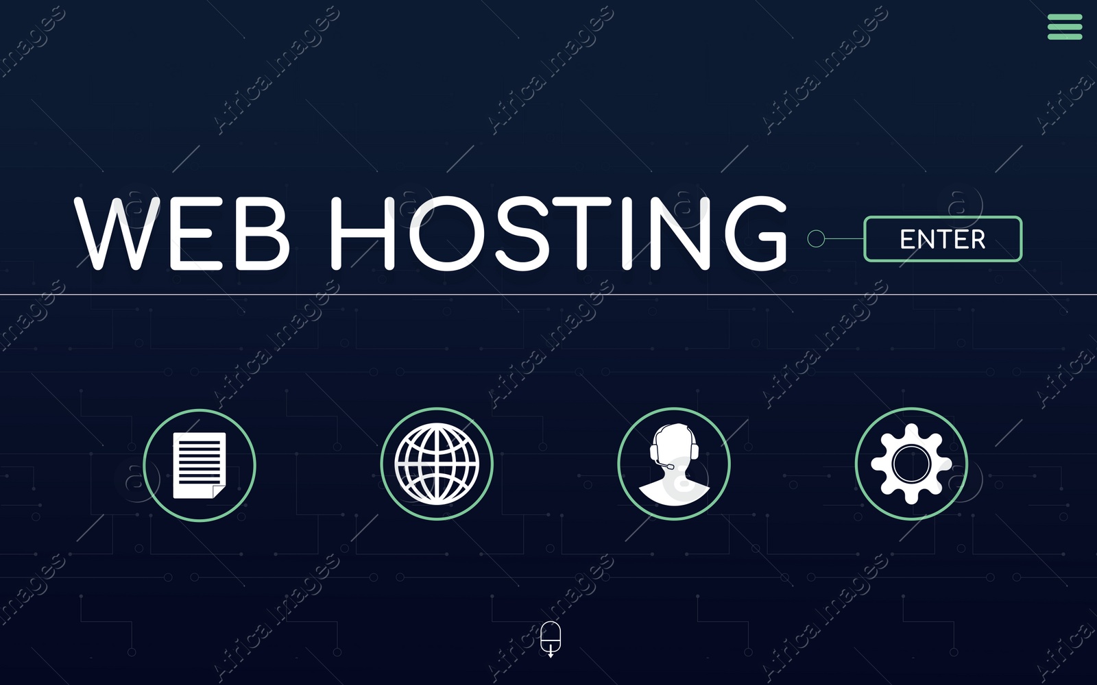 Illustration of Web hosting service. Homepage with different icons, illustration