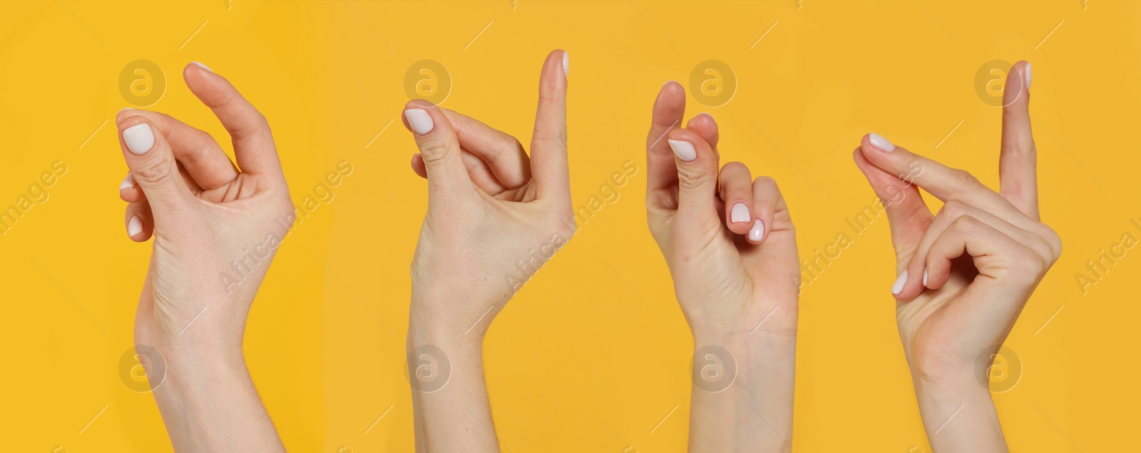 Image of Collage with photos of women snapping fingers on yellow background, closeup. Banner design