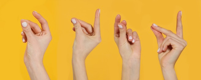 Image of Collage with photos of women snapping fingers on yellow background, closeup. Banner design