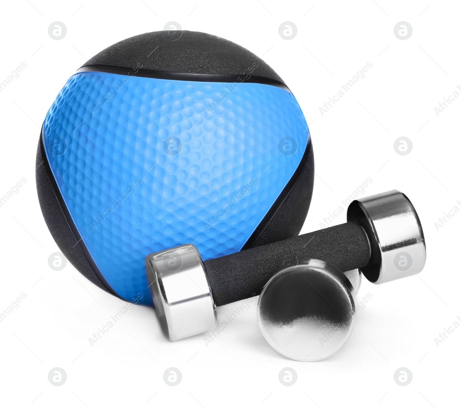 Photo of Blue and black medicine ball with dumbbells on white background