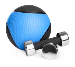 Blue and black medicine ball with dumbbells on white background