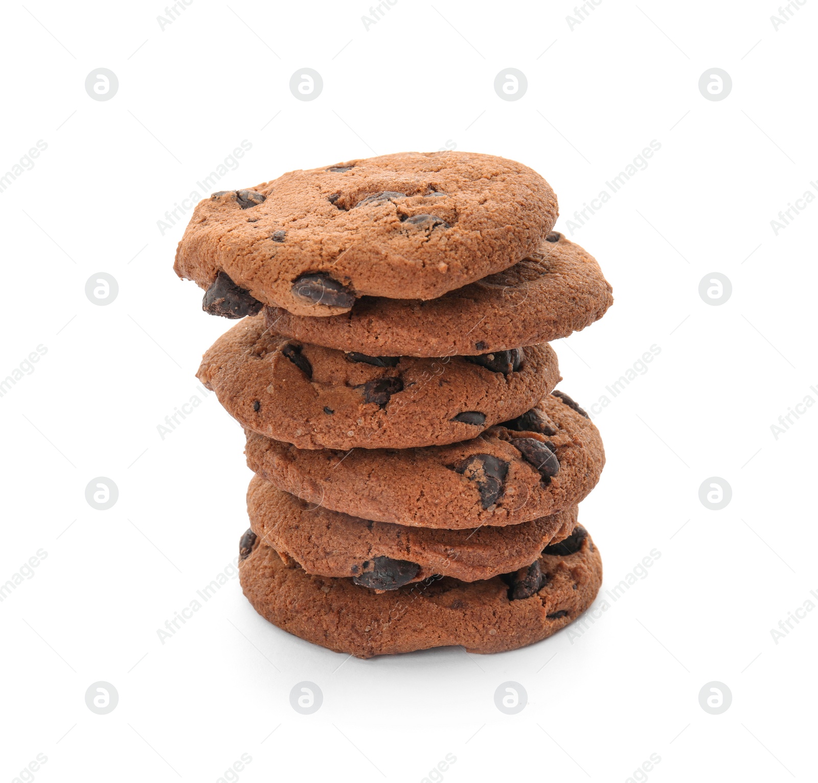 Photo of Stack of tasty chocolate chip cookies on white background