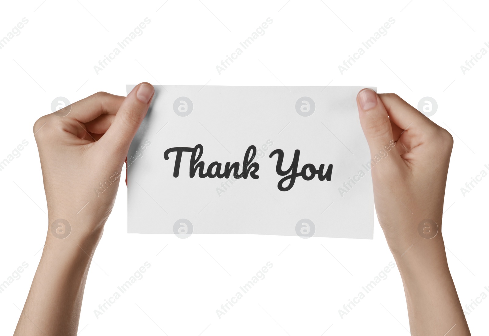 Photo of Woman holding paper note with phrase Thank You isolated on white, closeup