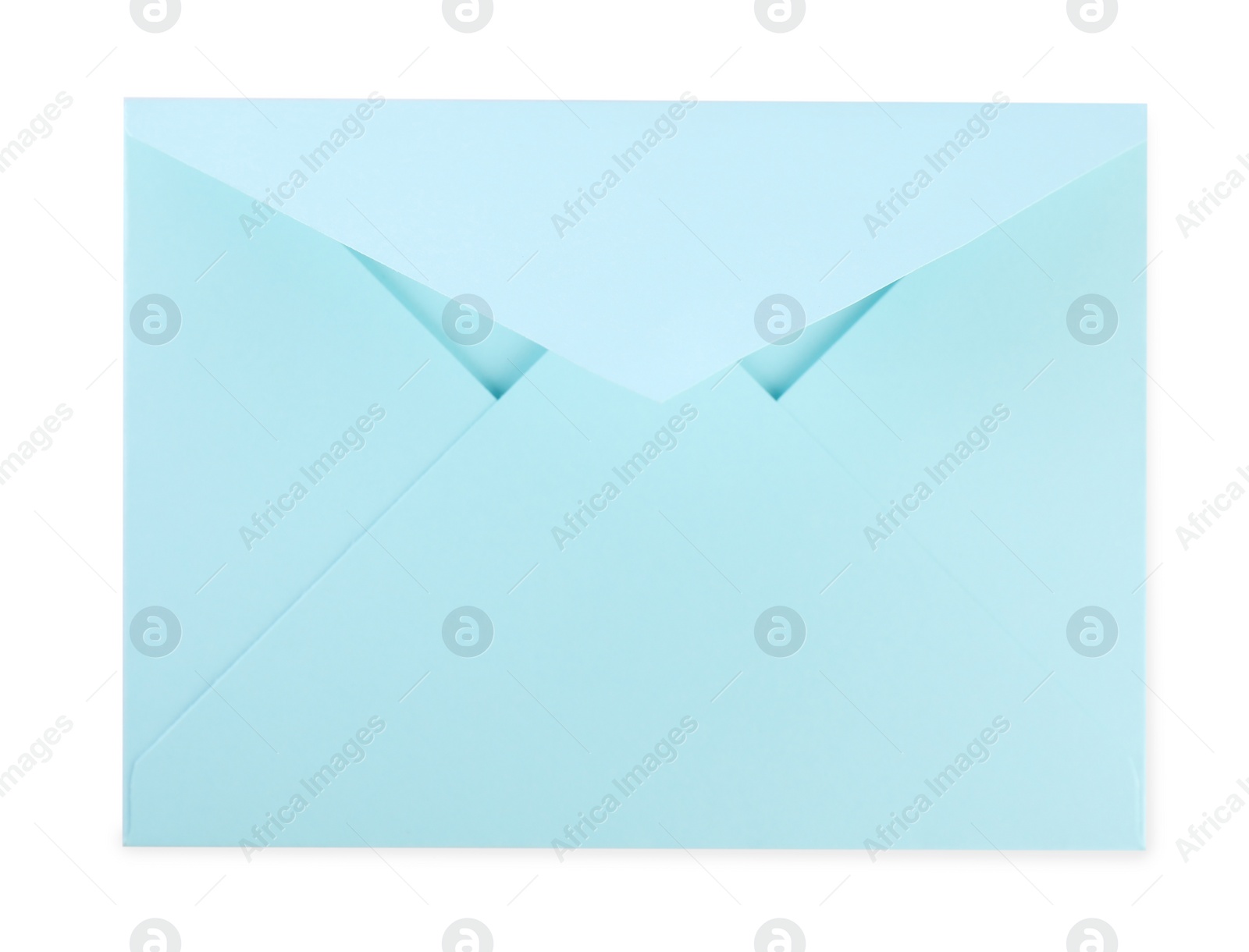 Photo of Open light blue letter envelope isolated on white, top view