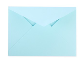 Open light blue letter envelope isolated on white, top view