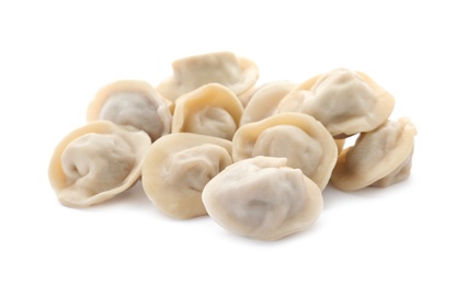 Pile of boiled dumplings on white background