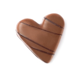 Beautiful heart shaped chocolate candy isolated on white, top view