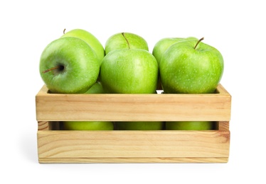 Fresh ripe green apples in wooden crate on white background