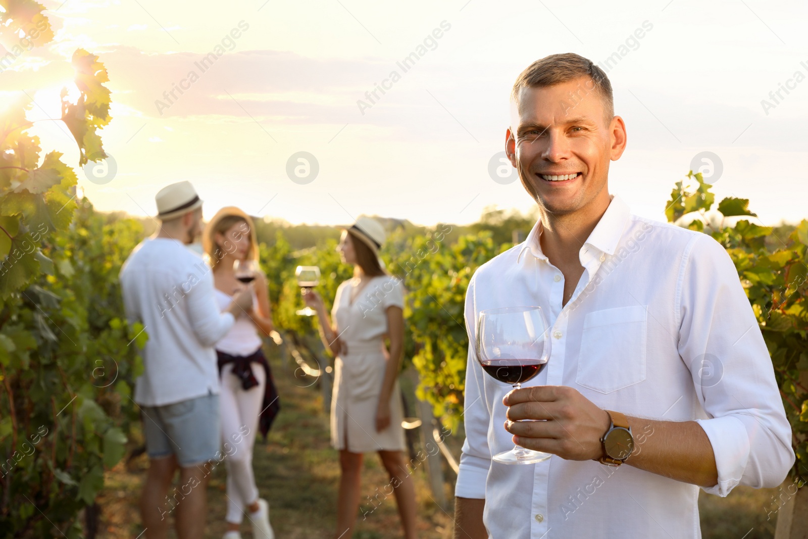 Photo of Handsome man with glass of wine and his friends in vineyard