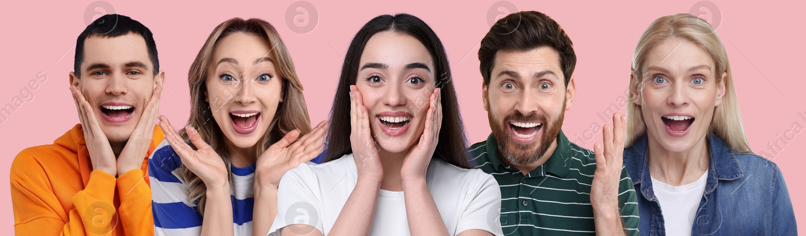 Image of Group of surprised people on pink background, banner design