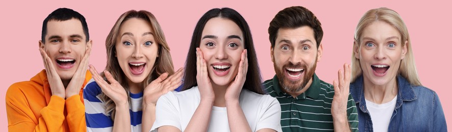 Image of Group of surprised people on pink background, banner design