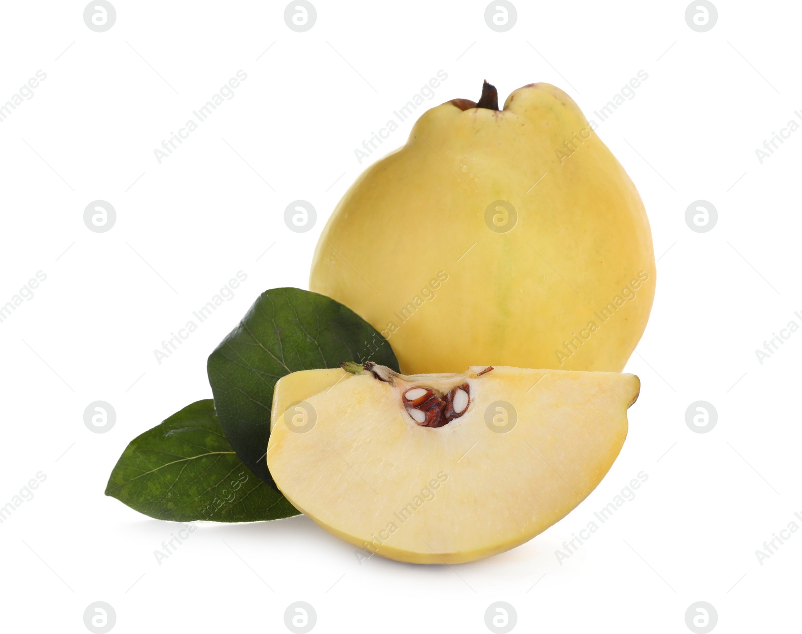 Photo of Ripe fresh quinces with green leaves on white background