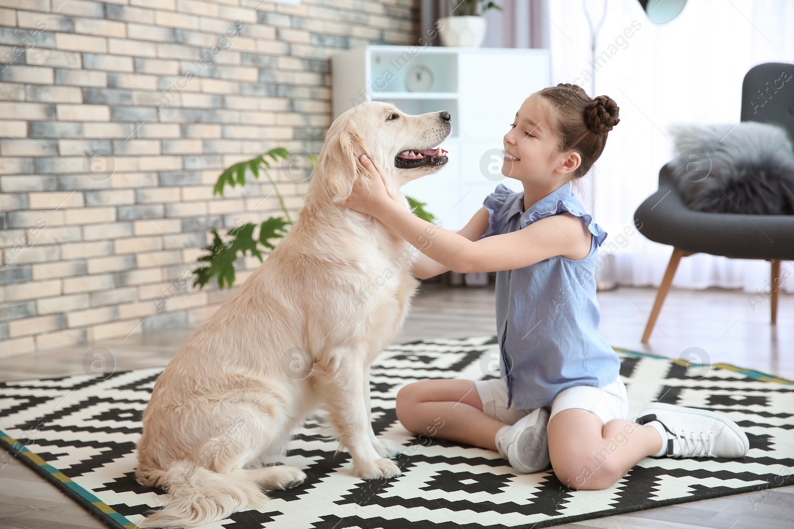 Photo of Cute little child with her pet on floor at home