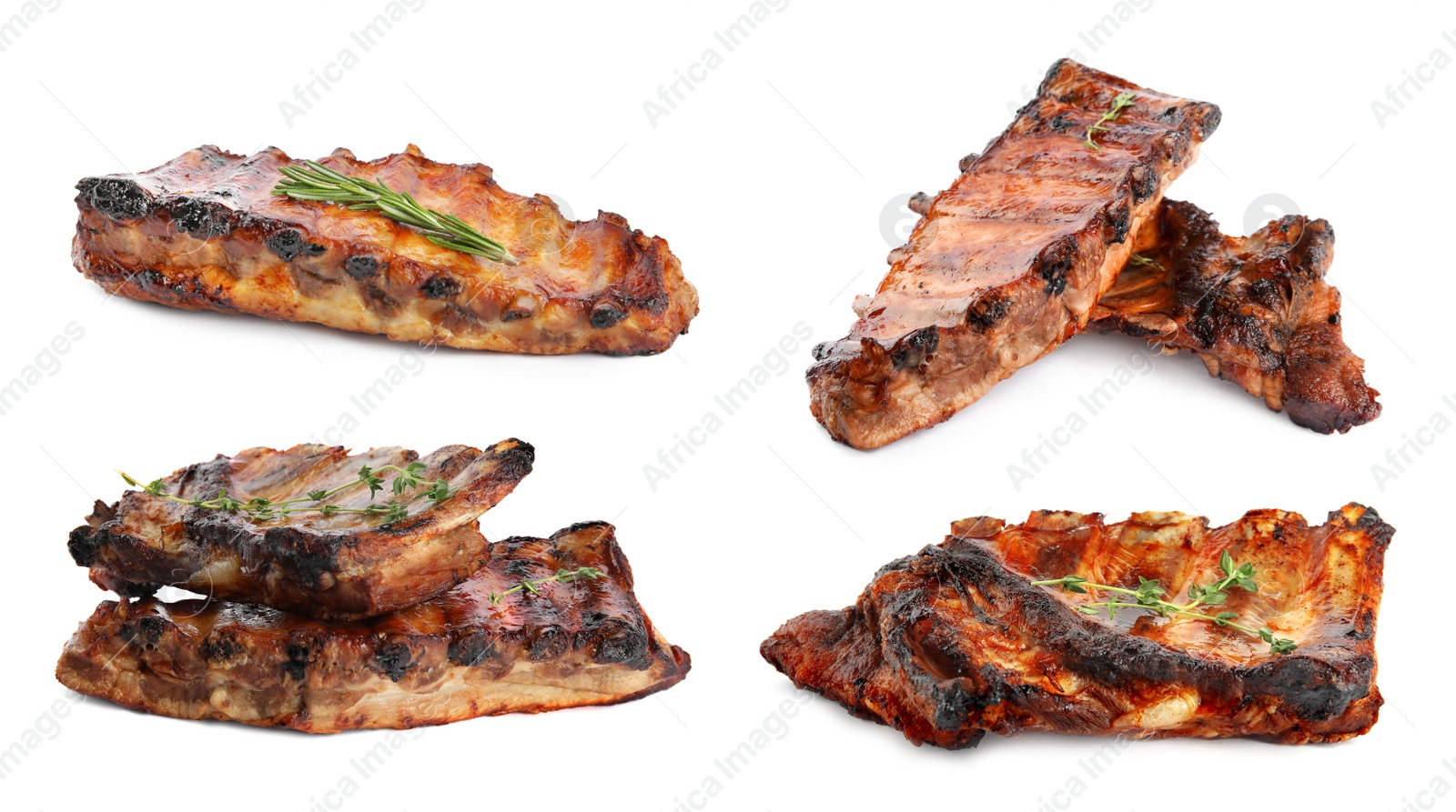 Image of Set of delicious roasted ribs on white background