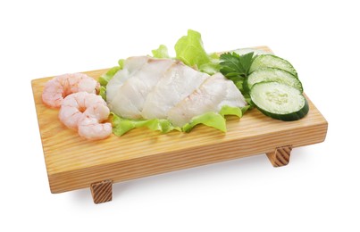 Photo of Sashimi set (raw slices of oily fish and shrimps) served with cucumber, lettuce and parsley isolated on white