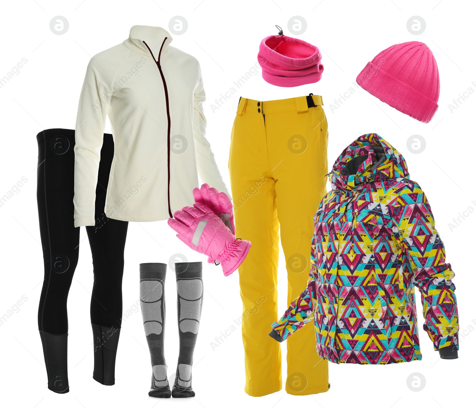 Image of Collection of stylish winter sports clothes on white background