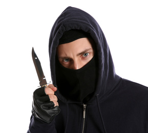 Photo of Man in mask with knife on white background. Dangerous criminal