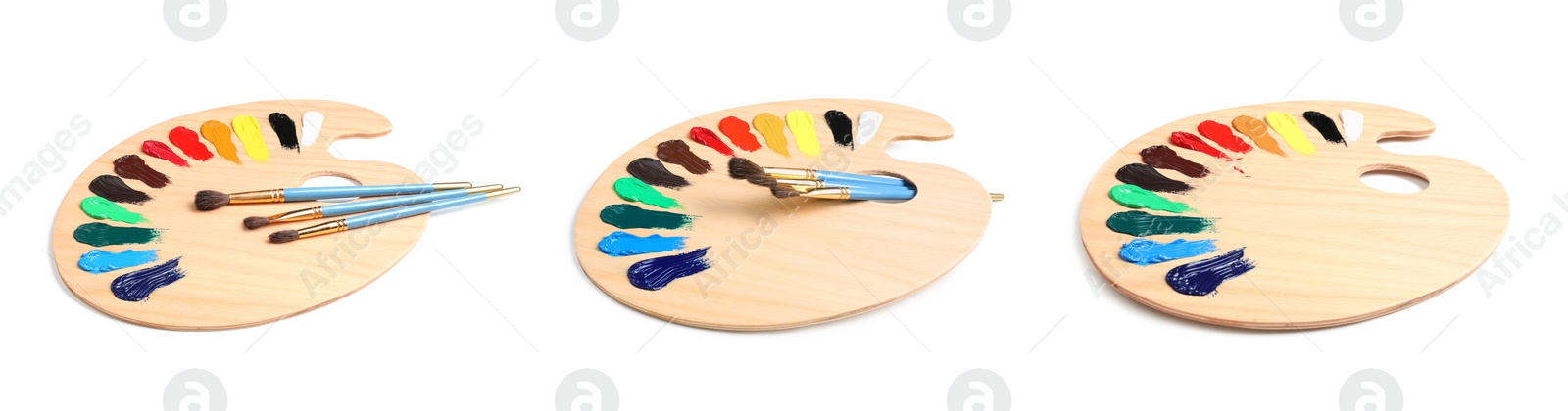 Image of Palettes with paints and brushes on white background, collage. Banner design