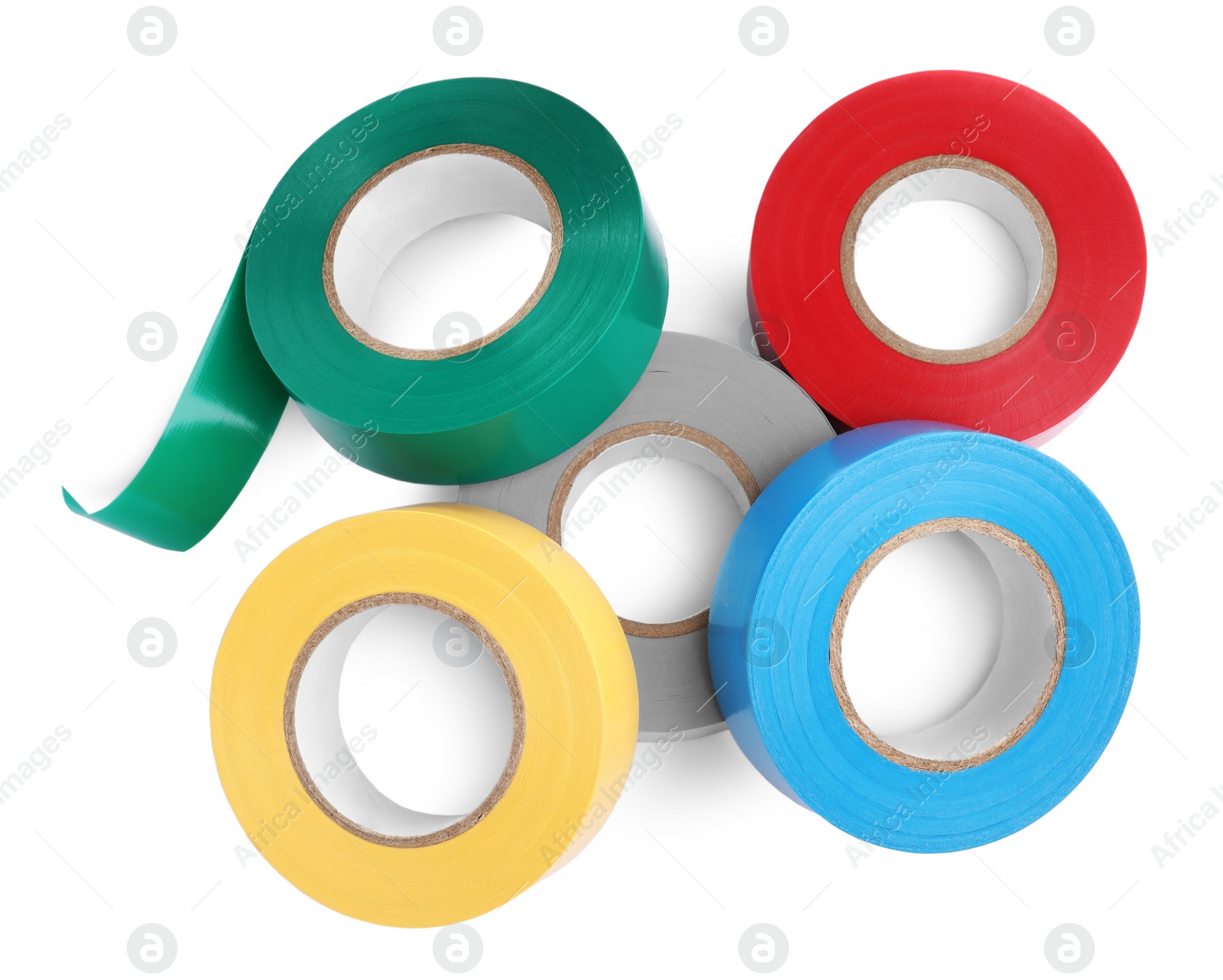 Photo of Colorful insulating tapes on white background, top view