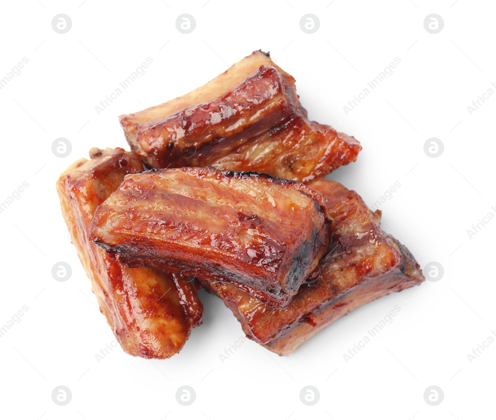 Photo of Tasty roasted pork ribs isolated on white, top view