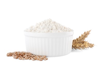 Photo of Bowl with organic flour, grains of wheat and spikelets on white background