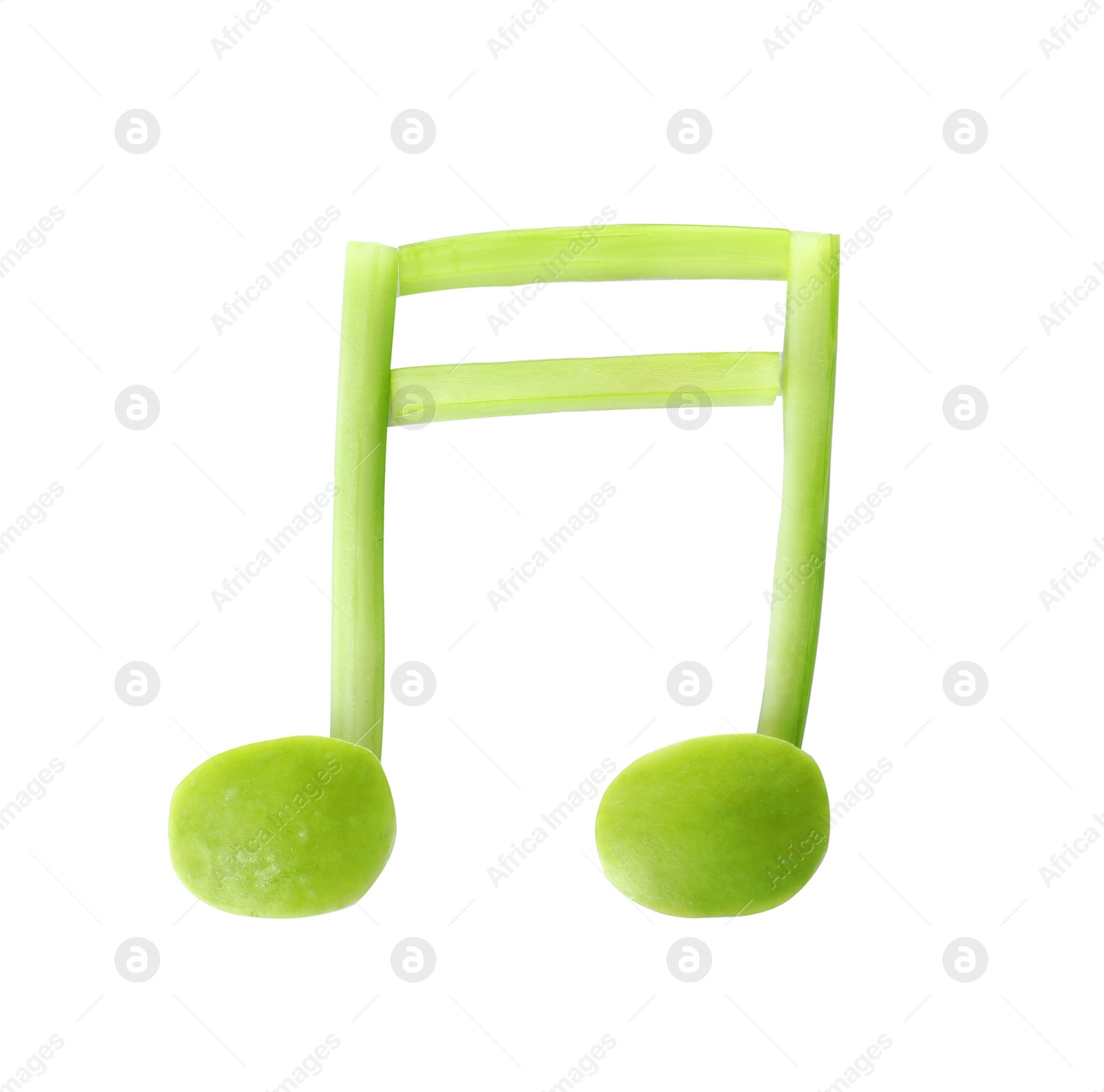 Photo of Musical note made of fruits and vegetables on white background, top view