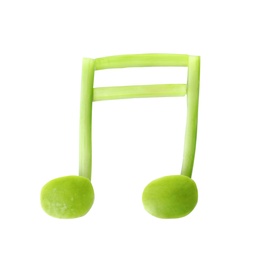 Photo of Musical note made of fruits and vegetables on white background, top view