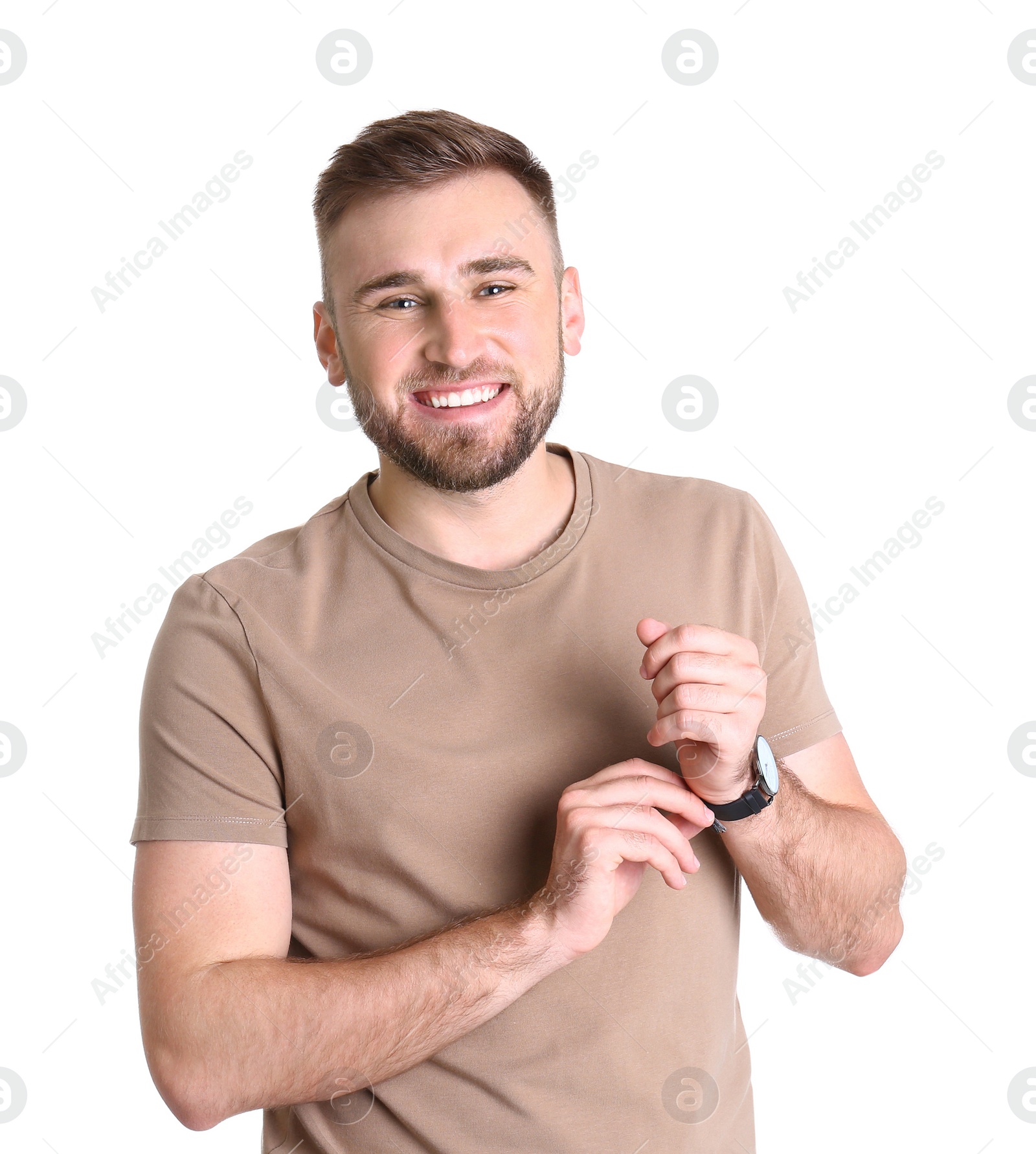 Photo of Portrait of handsome happy man on white background