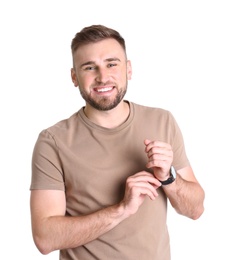 Photo of Portrait of handsome happy man on white background