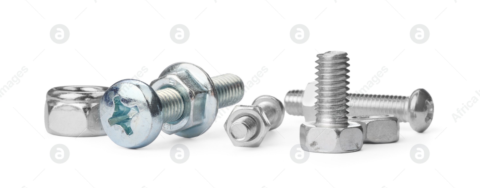 Photo of Many different metal fasteners isolated on white