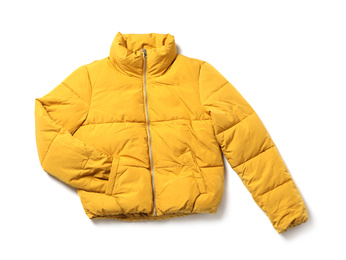 Yellow warm women's jacket isolated on white, top view